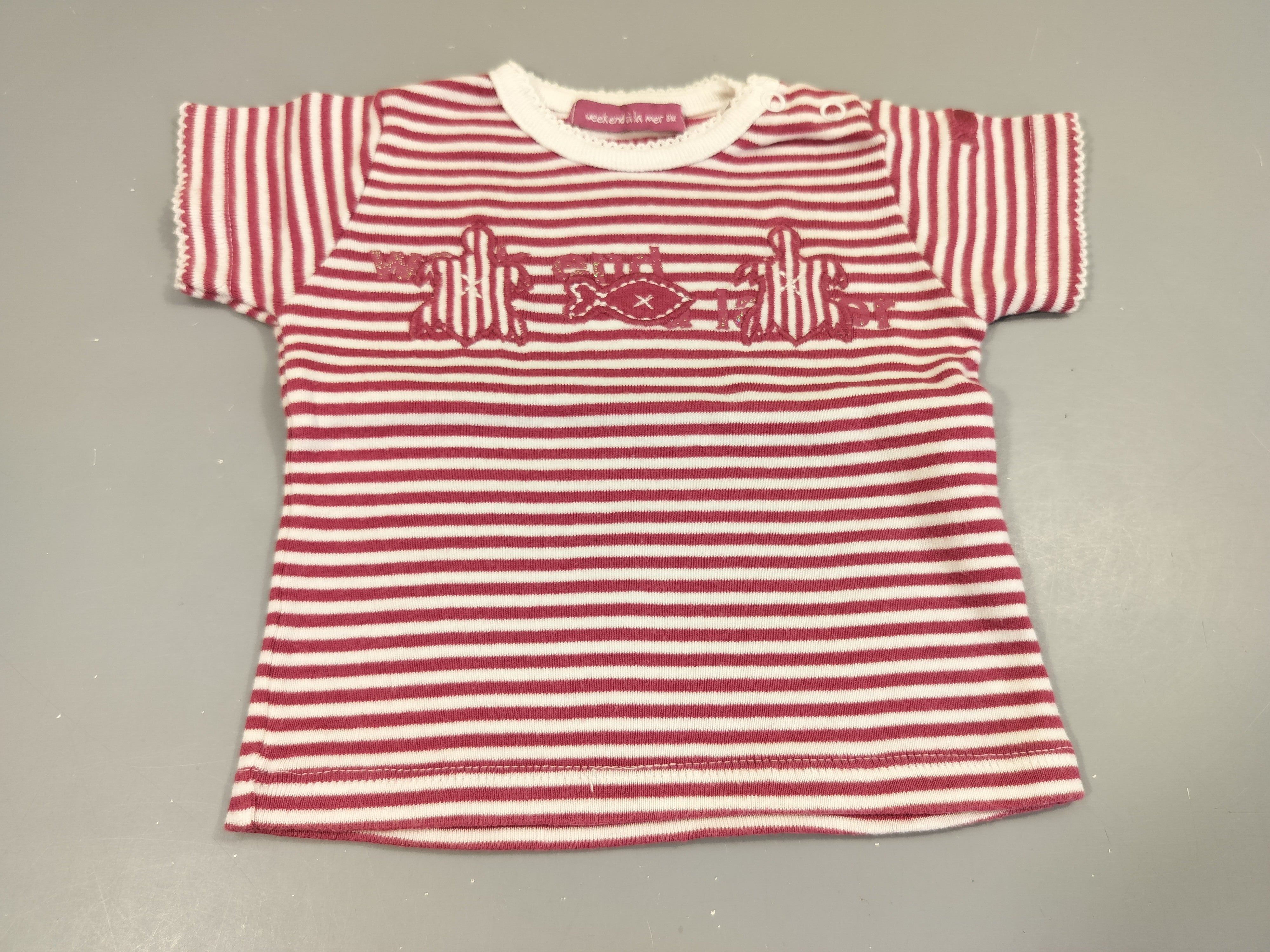 T-shirt m.c rayé blanc et rose . tortues et poisson.