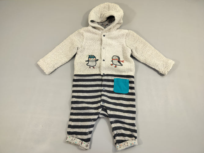 Combinaison moutonnée à capuche, dessous rayé bleu et gris dessus  gris clair 2 pingouins, moins cher chez Petit Kiwi