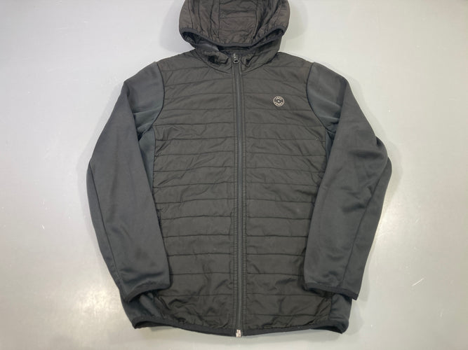 Veste légère matelassée noire zippée capuche, manches softshell, moins cher chez Petit Kiwi