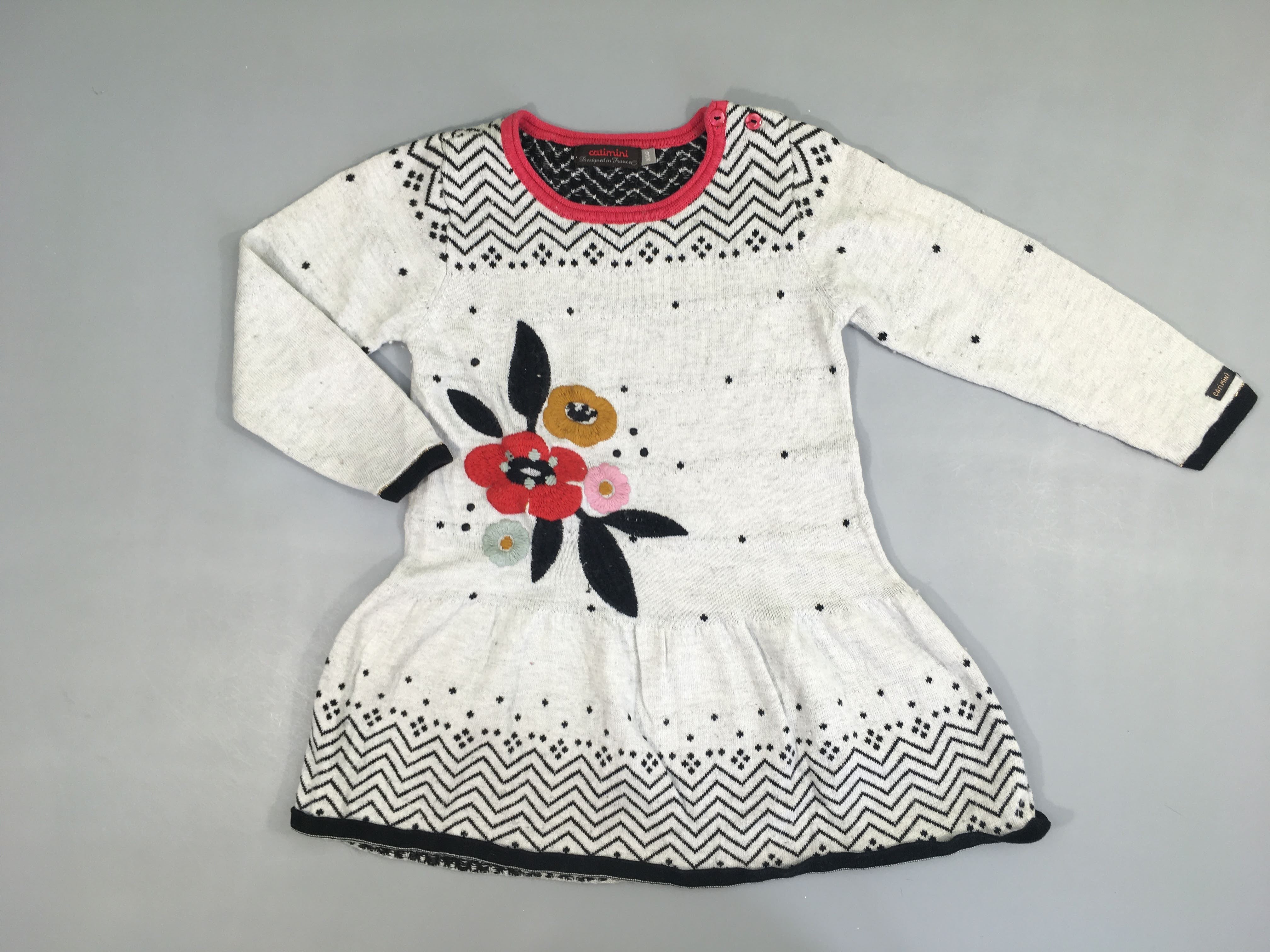 Robe m.l pull gris chiné/noir fleurs, 19% laine