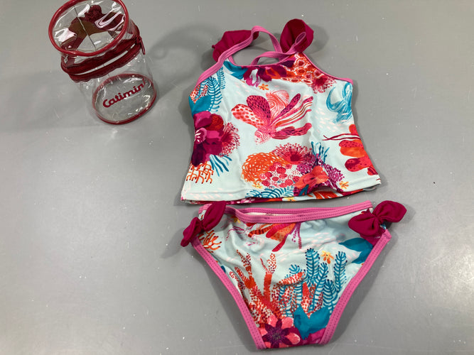 Tankini 2pcs bleu/rose motifs mer, moins cher chez Petit Kiwi