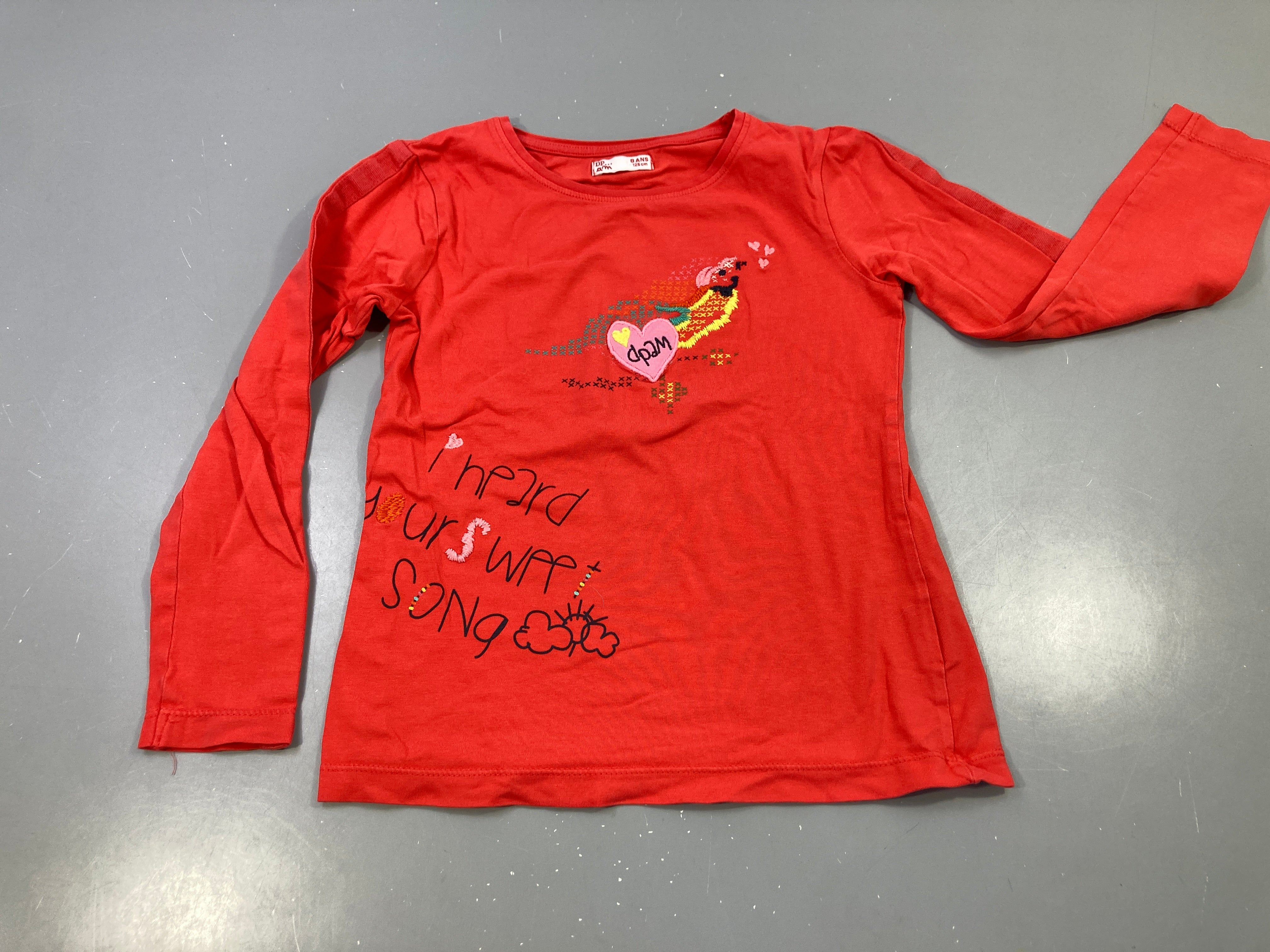 T-shirt m.l rouge orangé, coeur brodé