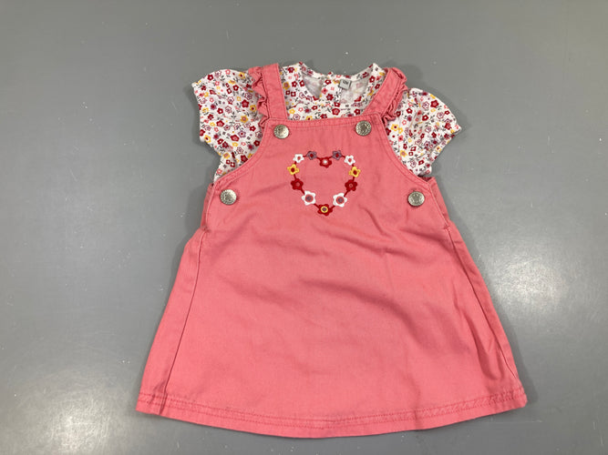 Robe salopette rose + T-shirt m.c blanc fleuri, moins cher chez Petit Kiwi