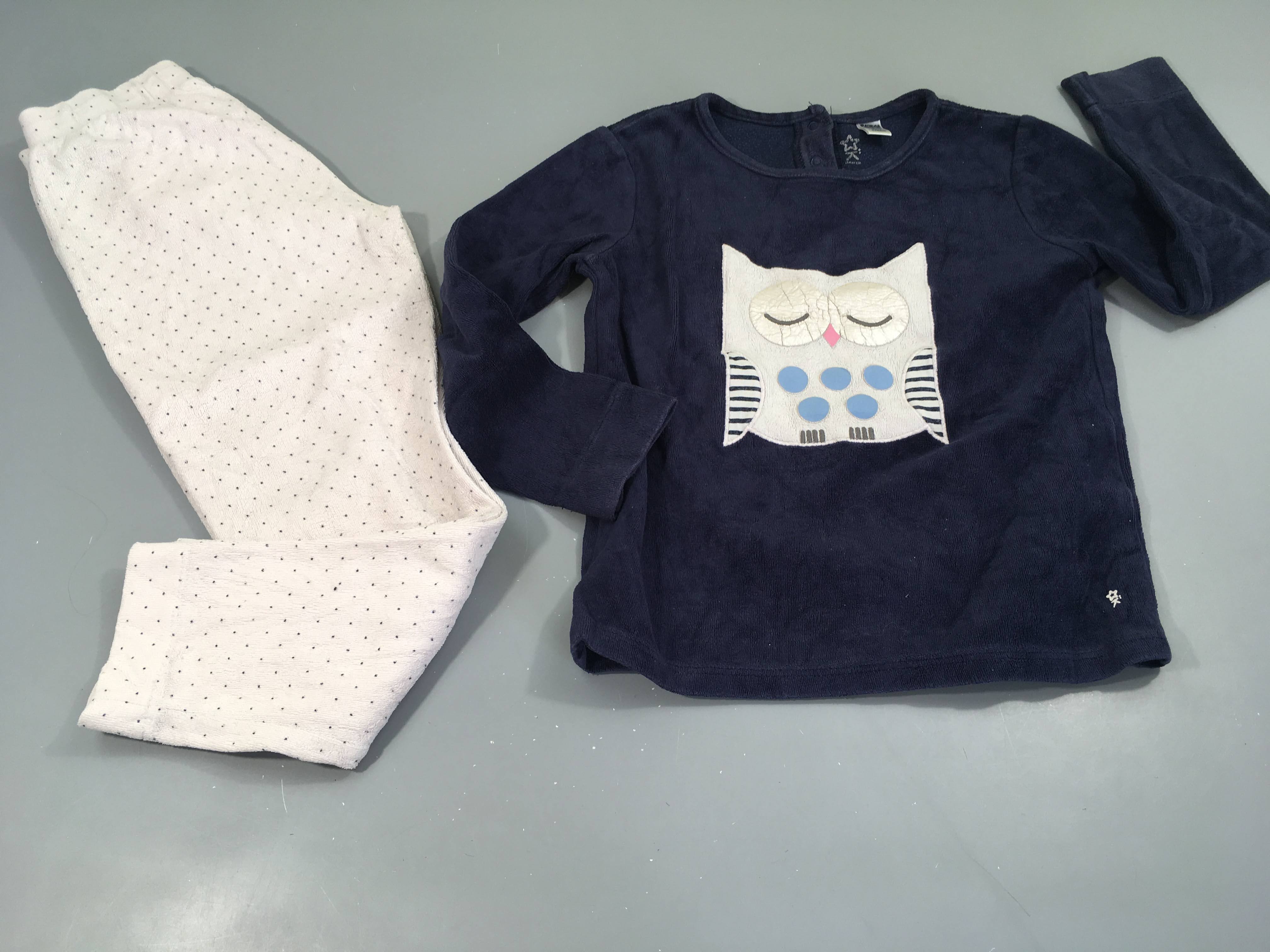 Pyjama 2pcs velours bleu marine/blanc hibou flocage usé