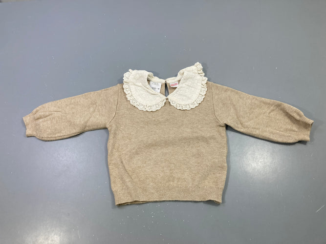 Pull beige col claudine dentelle, bouloché, moins cher chez Petit Kiwi