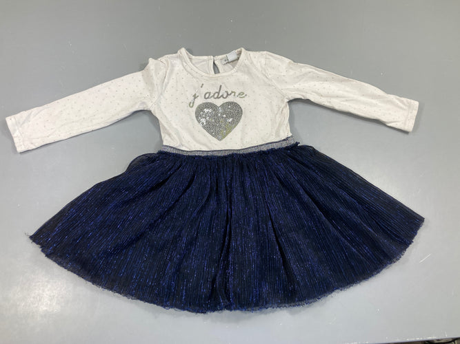 Robe m.l bi-matière blanc jersey haut J'adore sequins argenté bas bleu plissée, moins cher chez Petit Kiwi