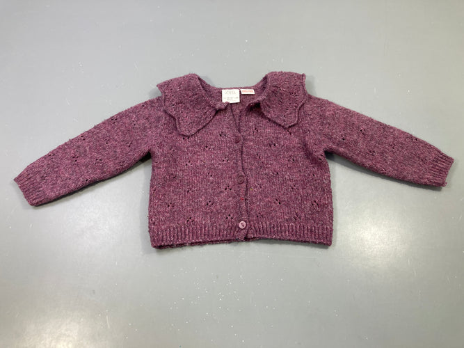 Gilet prune chine col volanté, lainaige? bouloché, moins cher chez Petit Kiwi