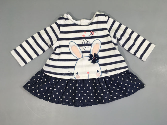 Tunique m.l blanc rayé bleu lapin, bas denim pois, moins cher chez Petit Kiwi