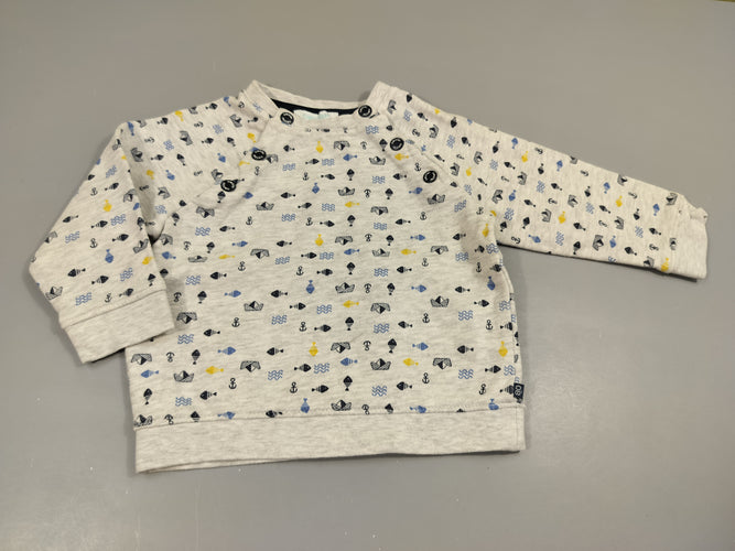 Sweat gris clair chiné motifs de la mer, poissons , bâteaux, ancres,... intérieur doux et chaud, moins cher chez Petit Kiwi