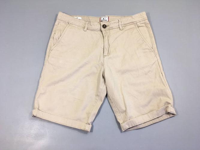 Bermuda chino beige à revers-Bouloché fesses-petite tache arrière, moins cher chez Petit Kiwi