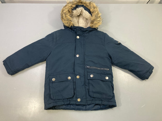 Veste parka fausse fourrure bleu marine capuche, moins cher chez Petit Kiwi