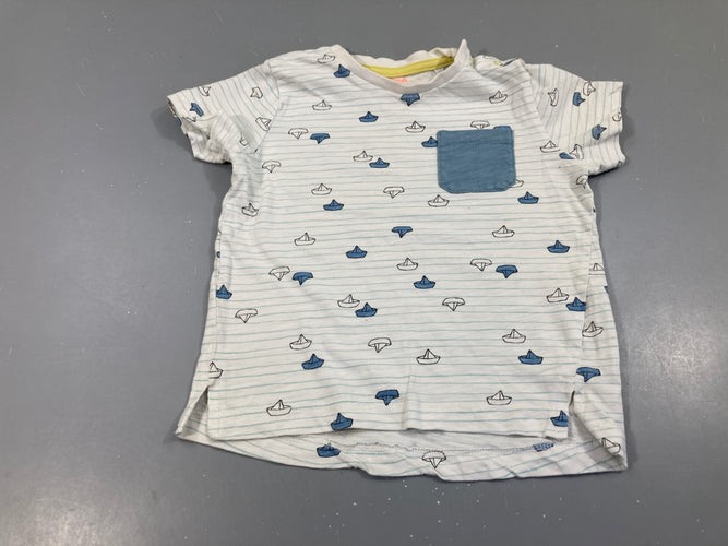 T-shirt m.c blanc rayé bleu bateaux poche, moins cher chez Petit Kiwi