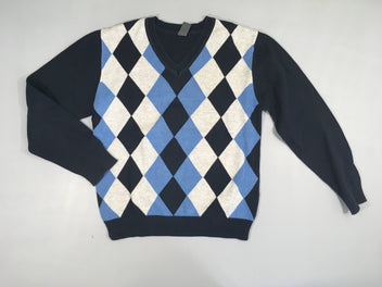 Pull col V bleu marine losanges