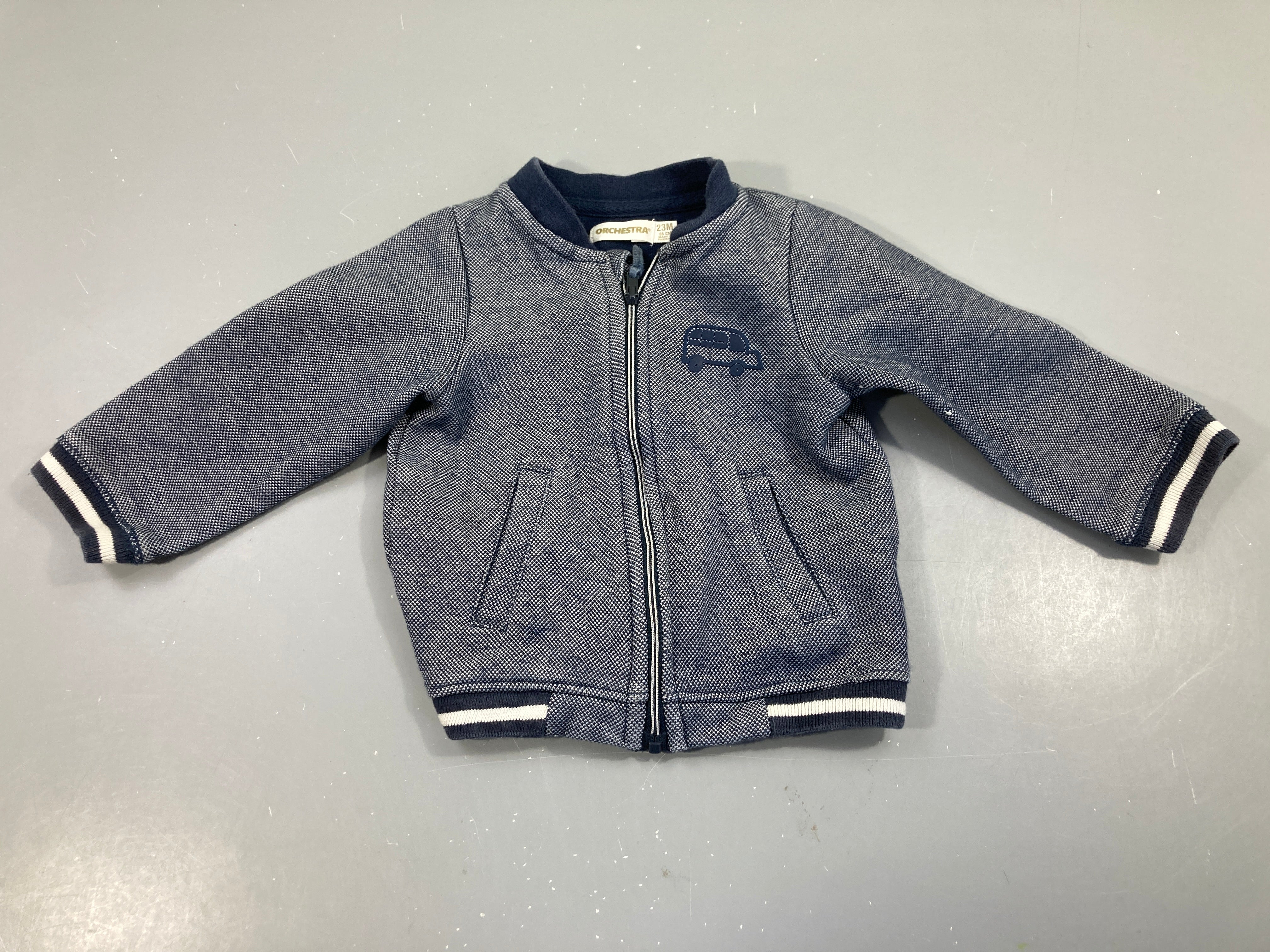 Sweat zippé bleu chiné bus, légèrement bouloché
