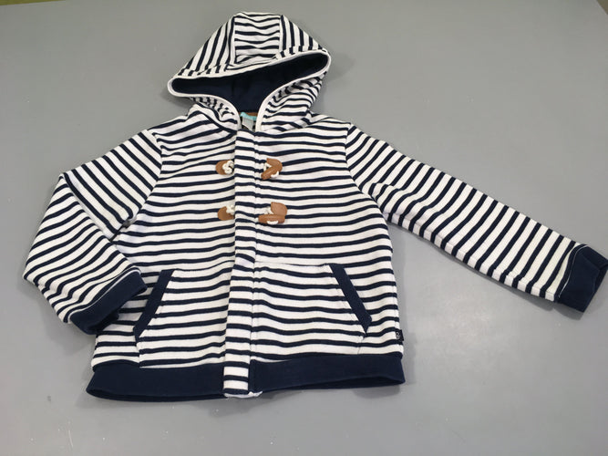 Gilet zippé à capuche blanc rayé bleu foncé, moins cher chez Petit Kiwi