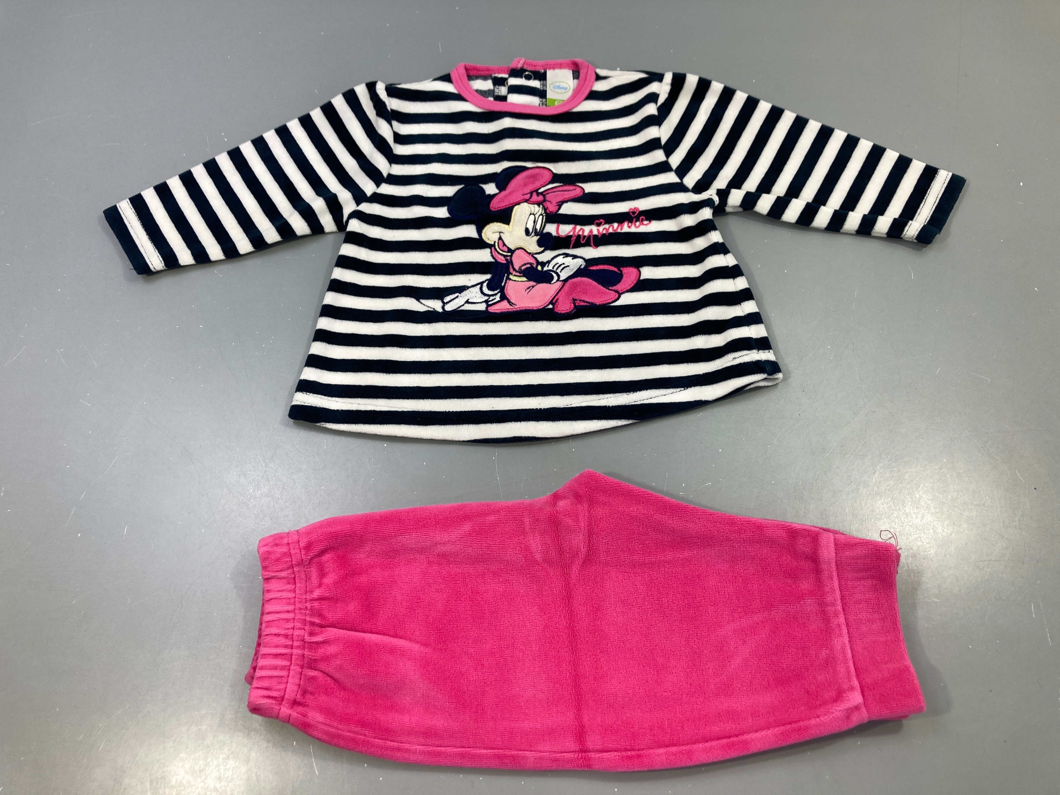 Pyjama 2pcs rayé marine/blanc, Minnie brodée, pantalon fuchsia