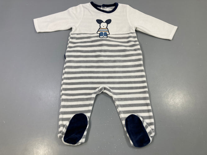 Pyjama blanc/gris rayé, lapin brodé, empiècement marine, moins cher chez Petit Kiwi