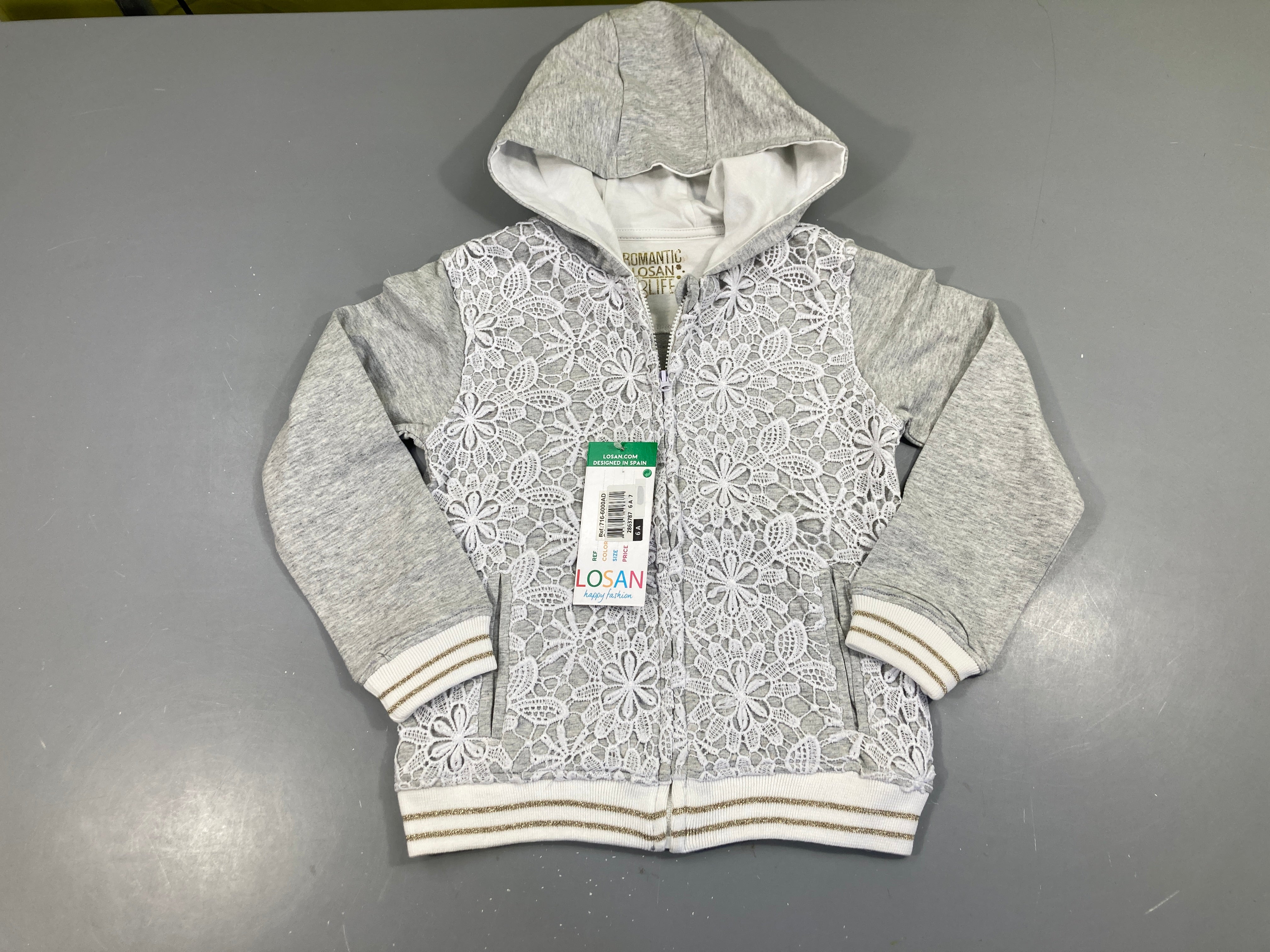 NEUF sweat zippé gris dentelle à capuche