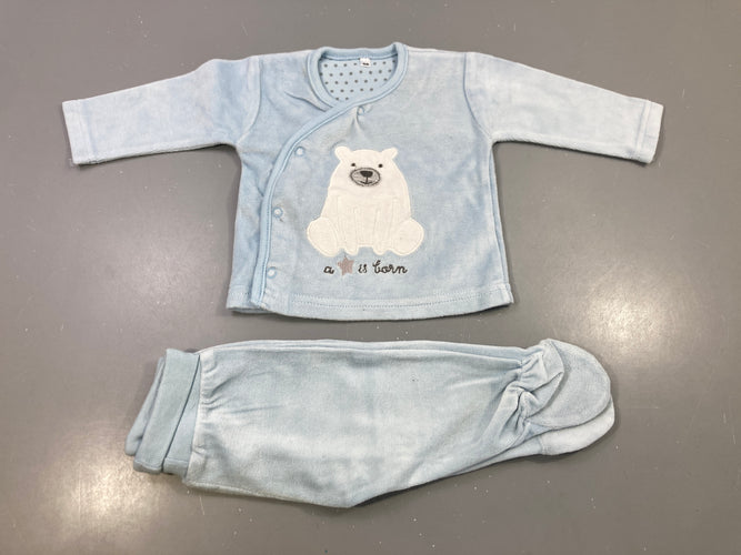 Pyjama velours bleu ciel, ourson polaire brodé, moins cher chez Petit Kiwi