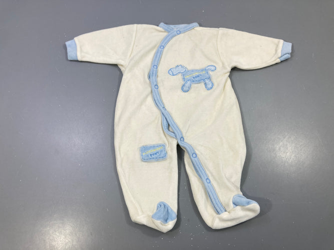 Pyjama écru velours, poney patchwork bleu, moins cher chez Petit Kiwi