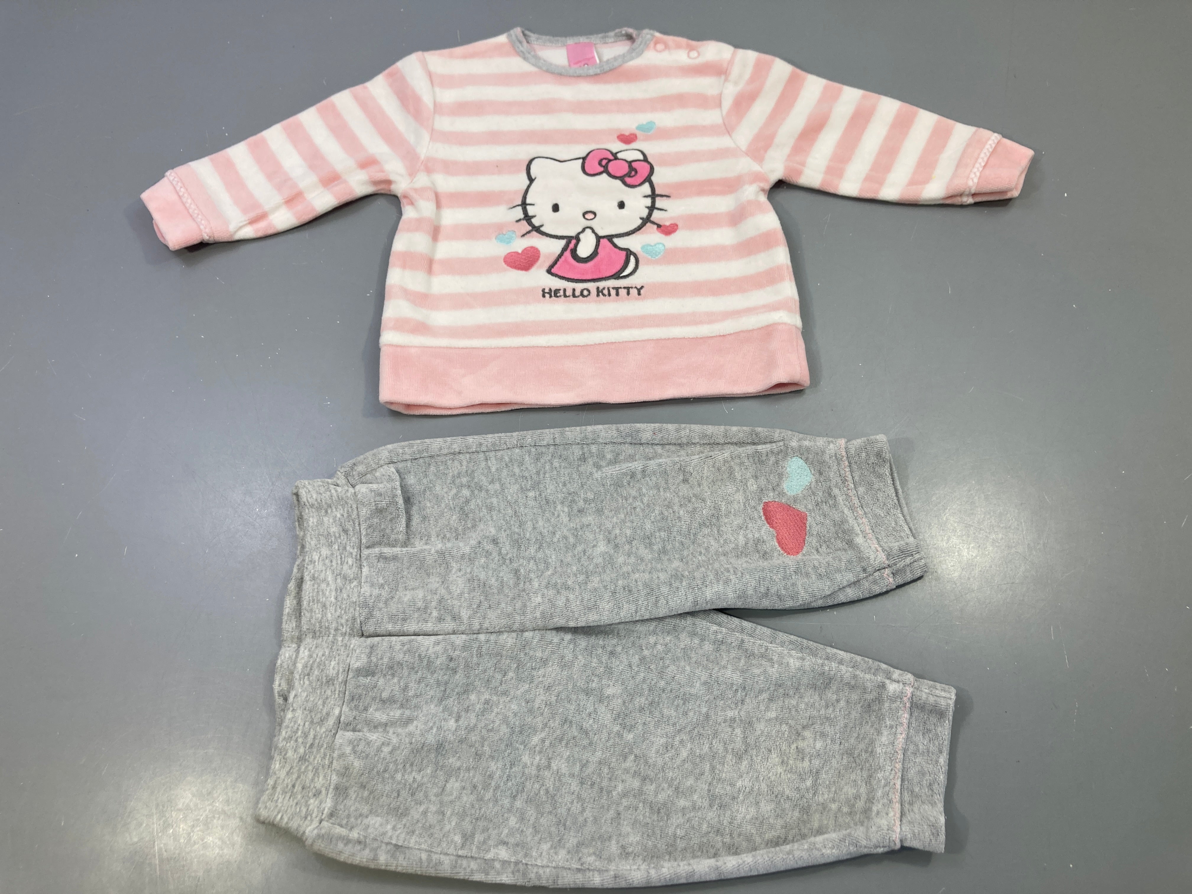 Ensemble 2pcs rayé rose/blanc, pantalon gris chiné coeurs, Hello Kitty