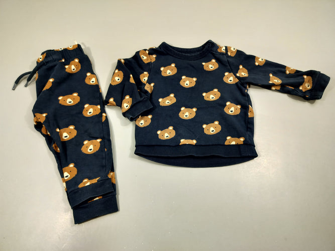 Ensemble sweat bleu marine, têtes d'ours + Pantalon assorti  intérieur doux et chaud, moins cher chez Petit Kiwi