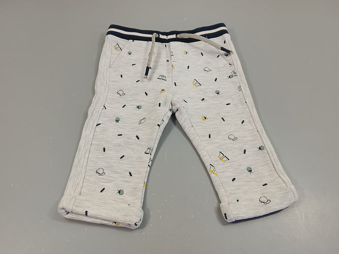 Pantalon à revers gris clair texturé à motifs (tortues, fourmis,...), taille élasique bleu marine avec cordon, moins cher chez Petit Kiwi
