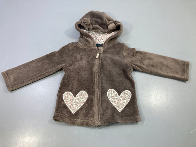 Polar zippé taupe capuche oreilles, coeurs léopard, moins cher chez Petit Kiwi