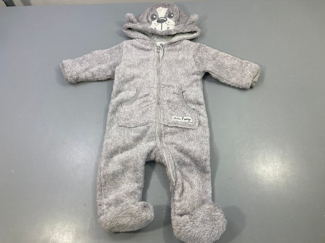 Combinaison peluche grise capuche chien, poches, Cutie Foxy, moins cher chez Petit Kiwi