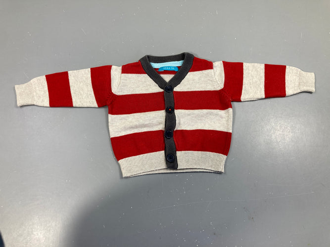 Gilet rayé gris/rouge, légèrement bouloché, moins cher chez Petit Kiwi