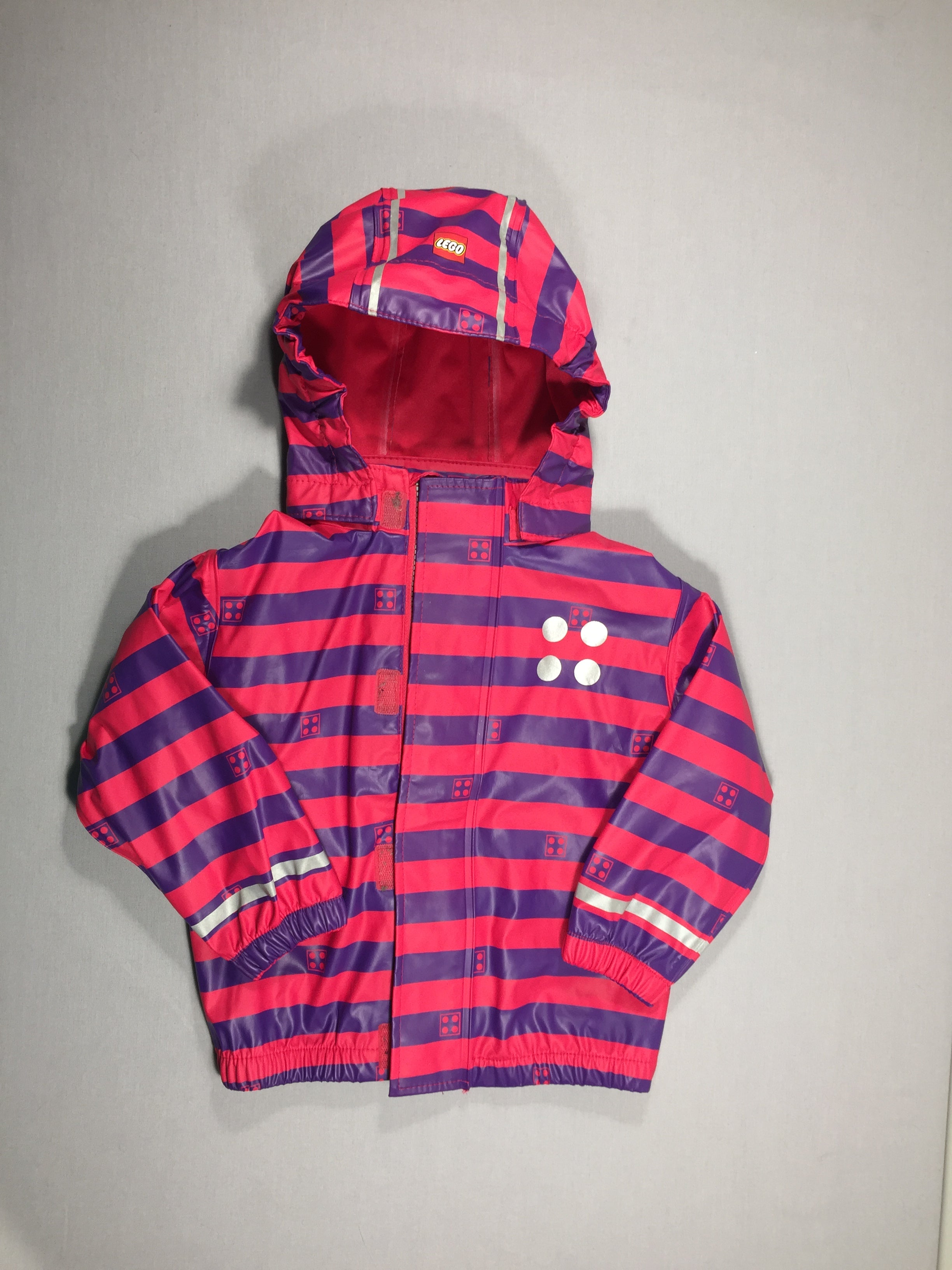 Veste - ciré à capuche amovible -  ligné rose/mauve - bandes réfléchissantes