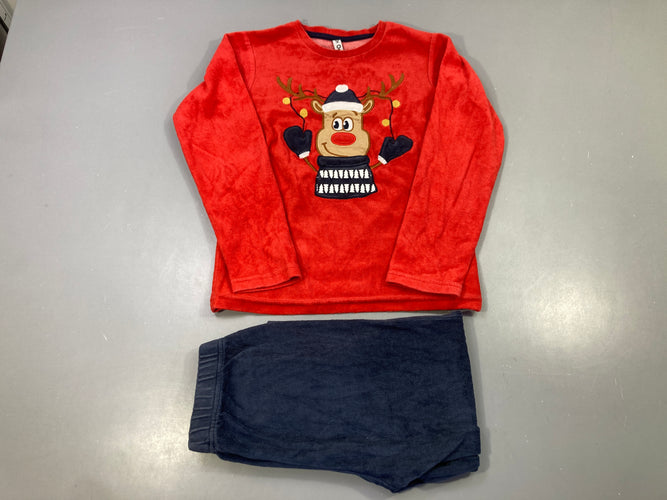 Pyjama 2pcs velours rouge/marine, renne brodé Noël, moins cher chez Petit Kiwi