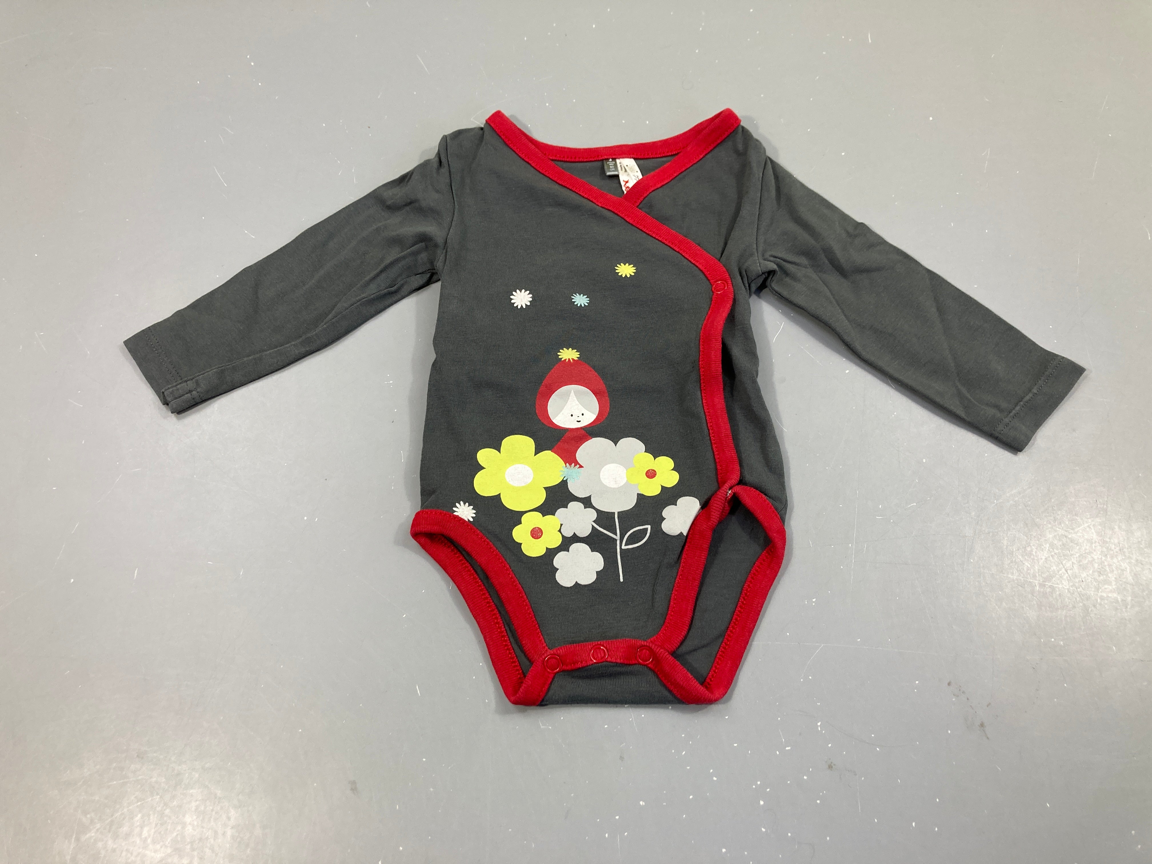 Body m.l gris foncé fleur chaperon rouge, croisé sur le devant