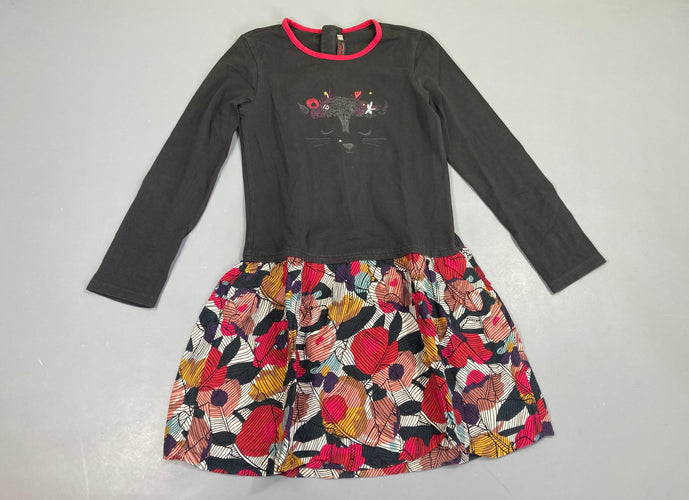 Robe m.l bi-matière gris foncé chat, bas fleuri, moins cher chez Petit Kiwi