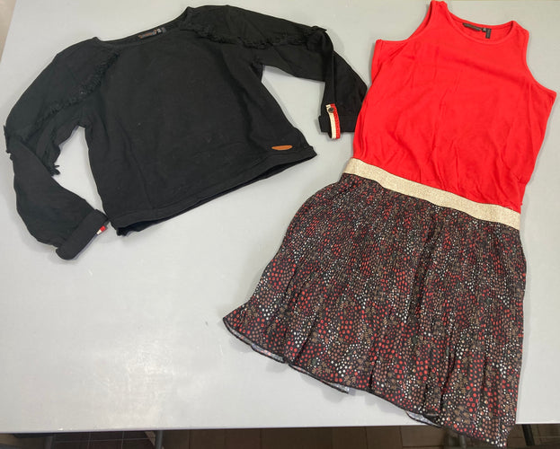 Robe s.m bi-matière rouge/noir fleurie + sweat court léger noir floches, moins cher chez Petit Kiwi