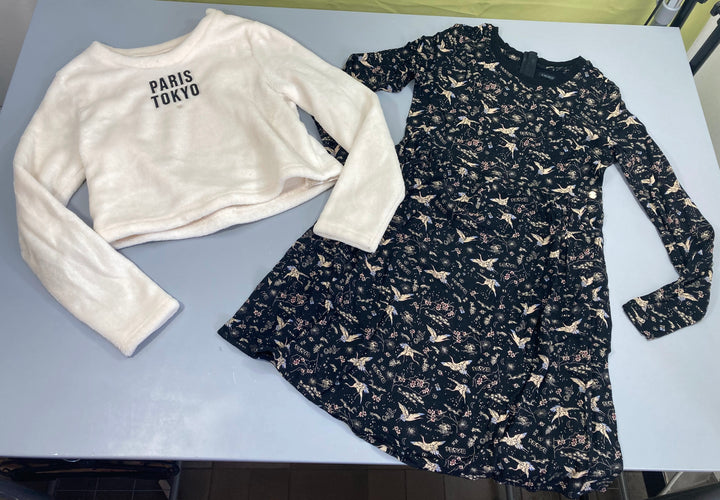 Robe m.l noire motifs oiseaux/ar.bres + pull court velours blanc paris tokyo, moins cher chez Petit Kiwi
