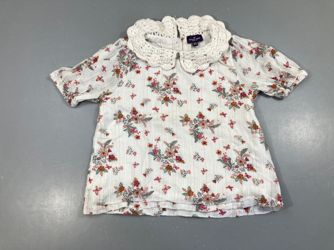 Blouse m.c blanche fleurie rose col crochet, moins cher chez Petit Kiwi