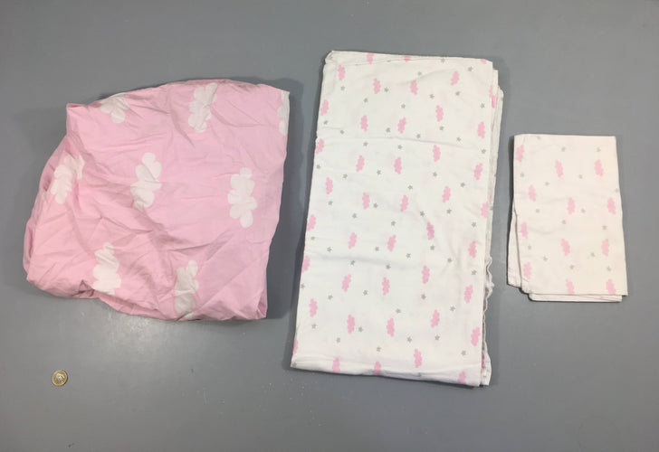 Ensemble draps de lit 120x60cm blanc nuages roses drap housse/housse matelas/taie, moins cher chez Petit Kiwi