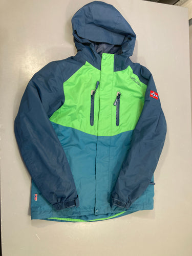 Veste zippée à capuche bleu marine/vert/bleu canard, imperméable, Trollkids, Usée sur poches, moins cher chez Petit Kiwi