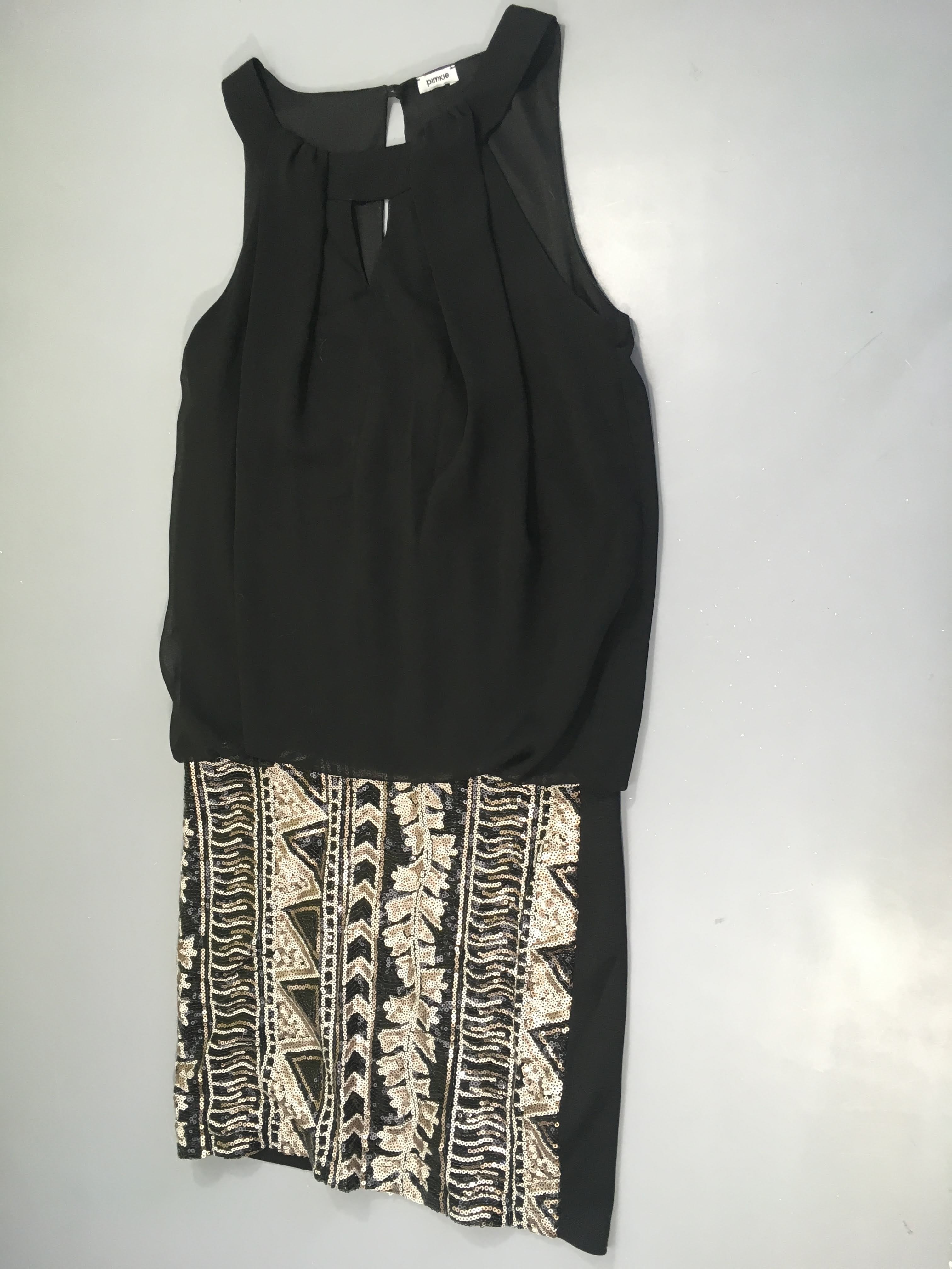 Robe s.m noire bi-matière voile haute/sequins beige bas