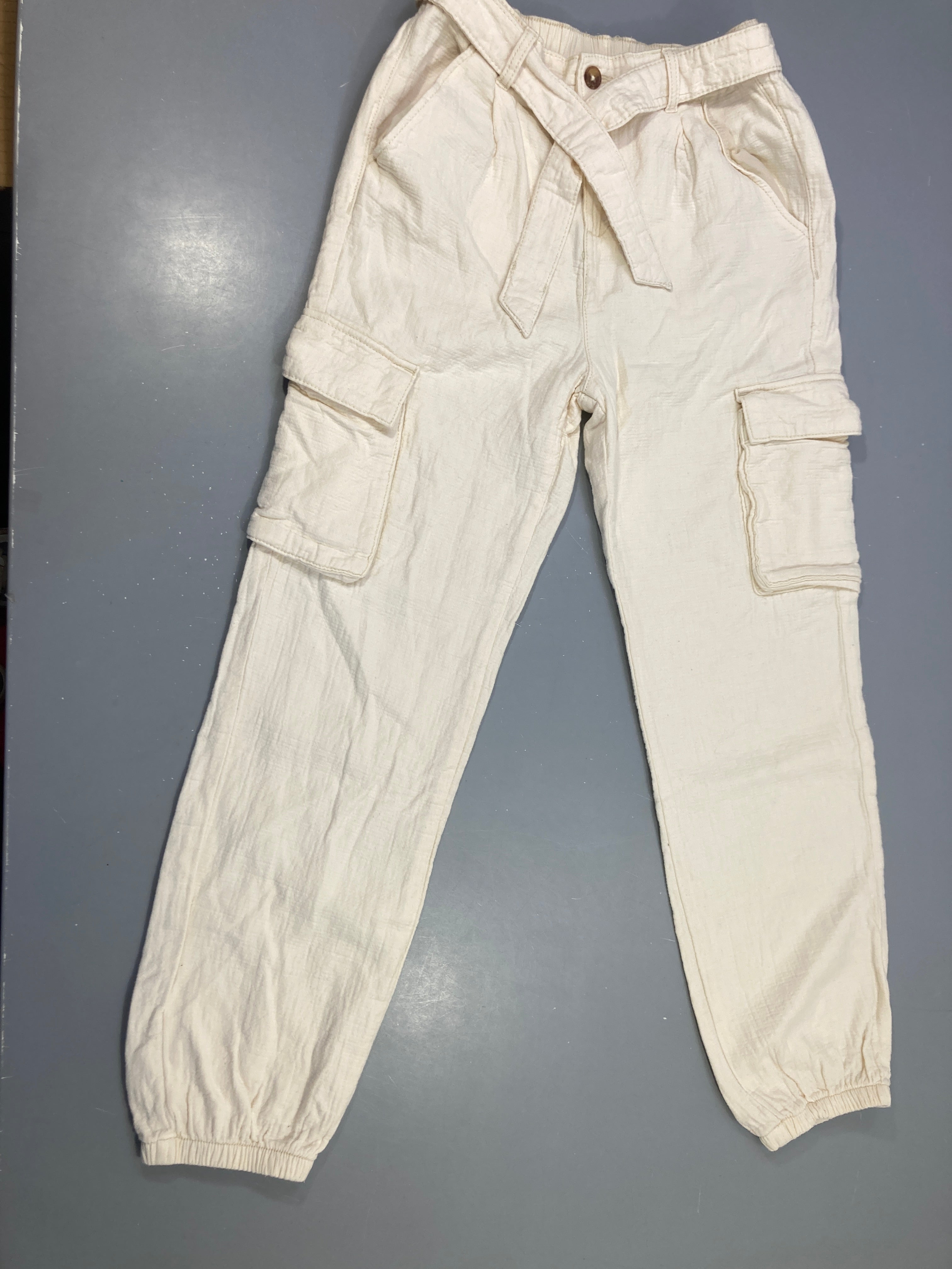 Pantalon cargo coton écru ceinture nouée