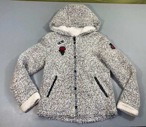Gilet/veste zippé blanc/gris chiné à capuche doublure moutonnée fleur, moins cher chez Petit Kiwi