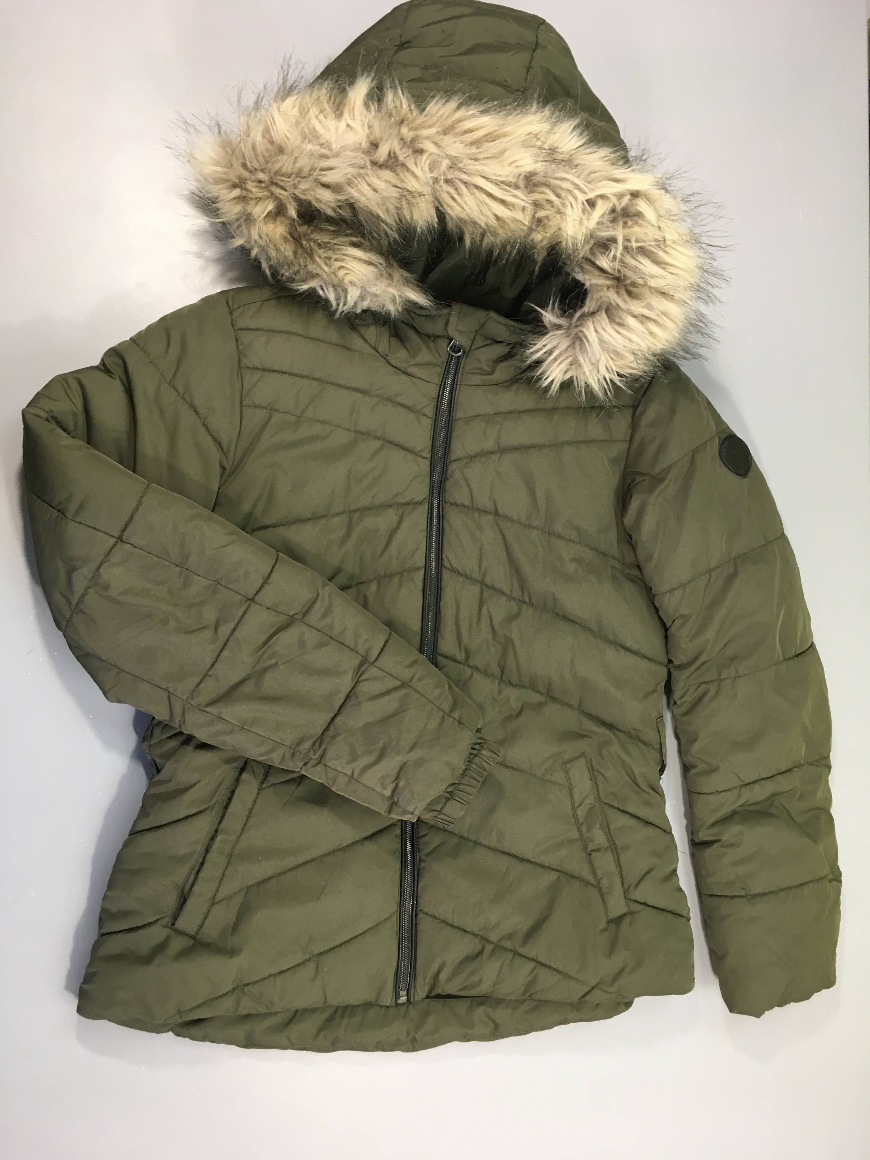 Veste zippée style doudoune kaki à capuche fausse fourrure