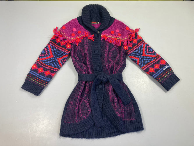 Gilet long col châle bleu foncé/mauve floches ceinture, 19% laine 13% mohair, moins cher chez Petit Kiwi