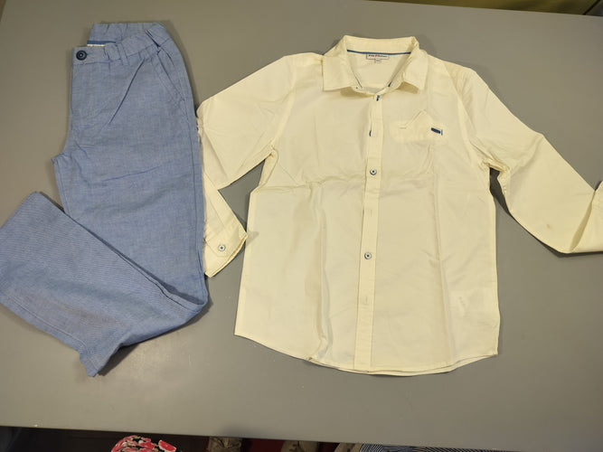Ensemble 4pcs Pantalon+gilet+veste de costume bleu clair chiné + chemise blanche assortie offerte car tachée, moins cher chez Petit Kiwi