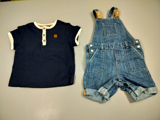 Ensemble Salopettes hort en jean  + T-shirt m.c bleu marine, moins cher chez Petit Kiwi