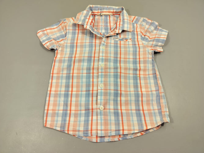 Chemise m.c blanche à carreaux bleu et rose 100% coton, moins cher chez Petit Kiwi