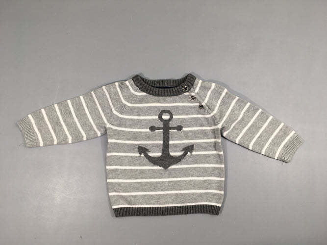 Pull gris rayé blanc encre, légèrement bouloché, moins cher chez Petit Kiwi