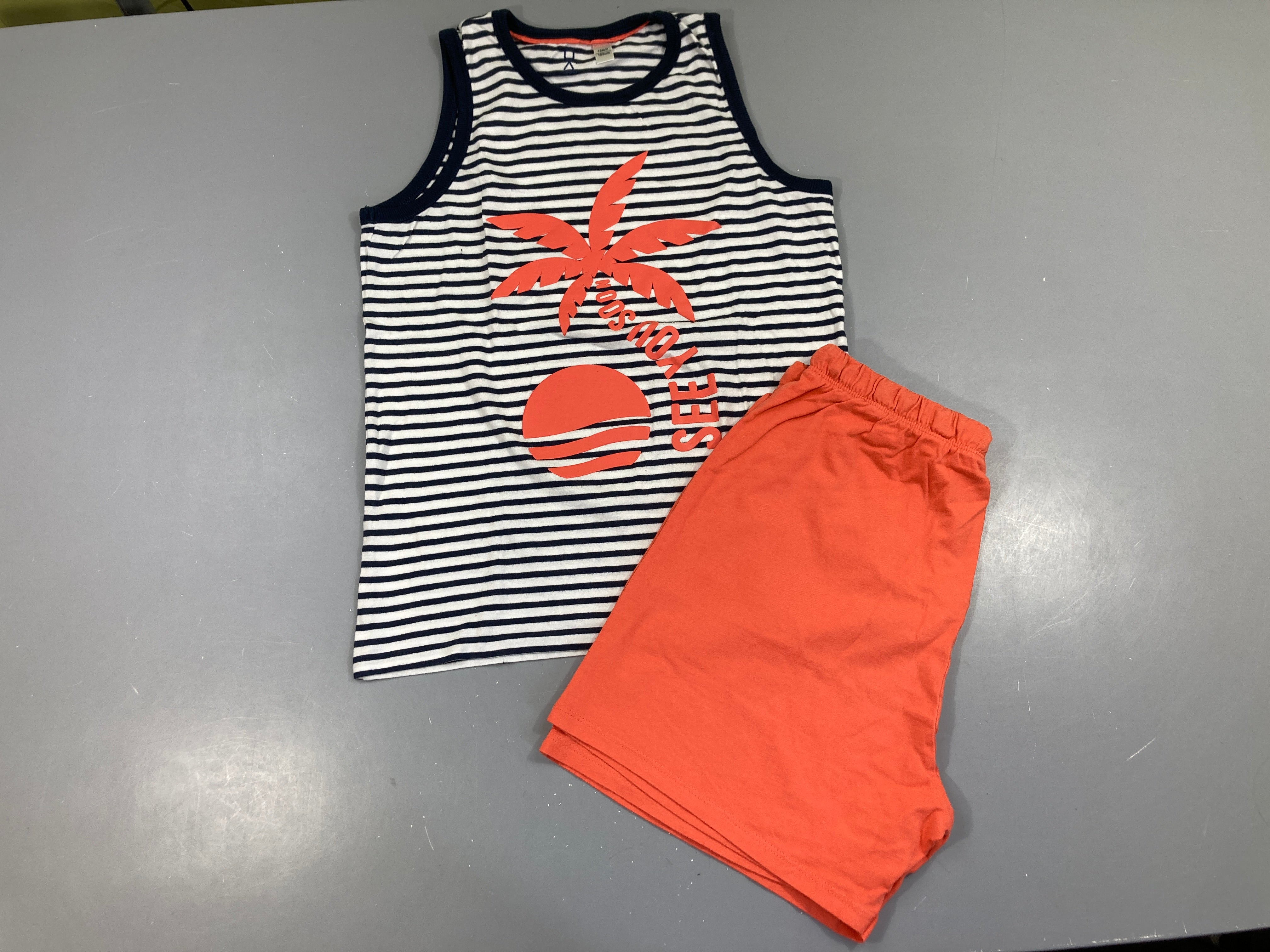Pyjashort 2pcs jersey bleu marine/blanc/orange palmier, légèrement bouloché
