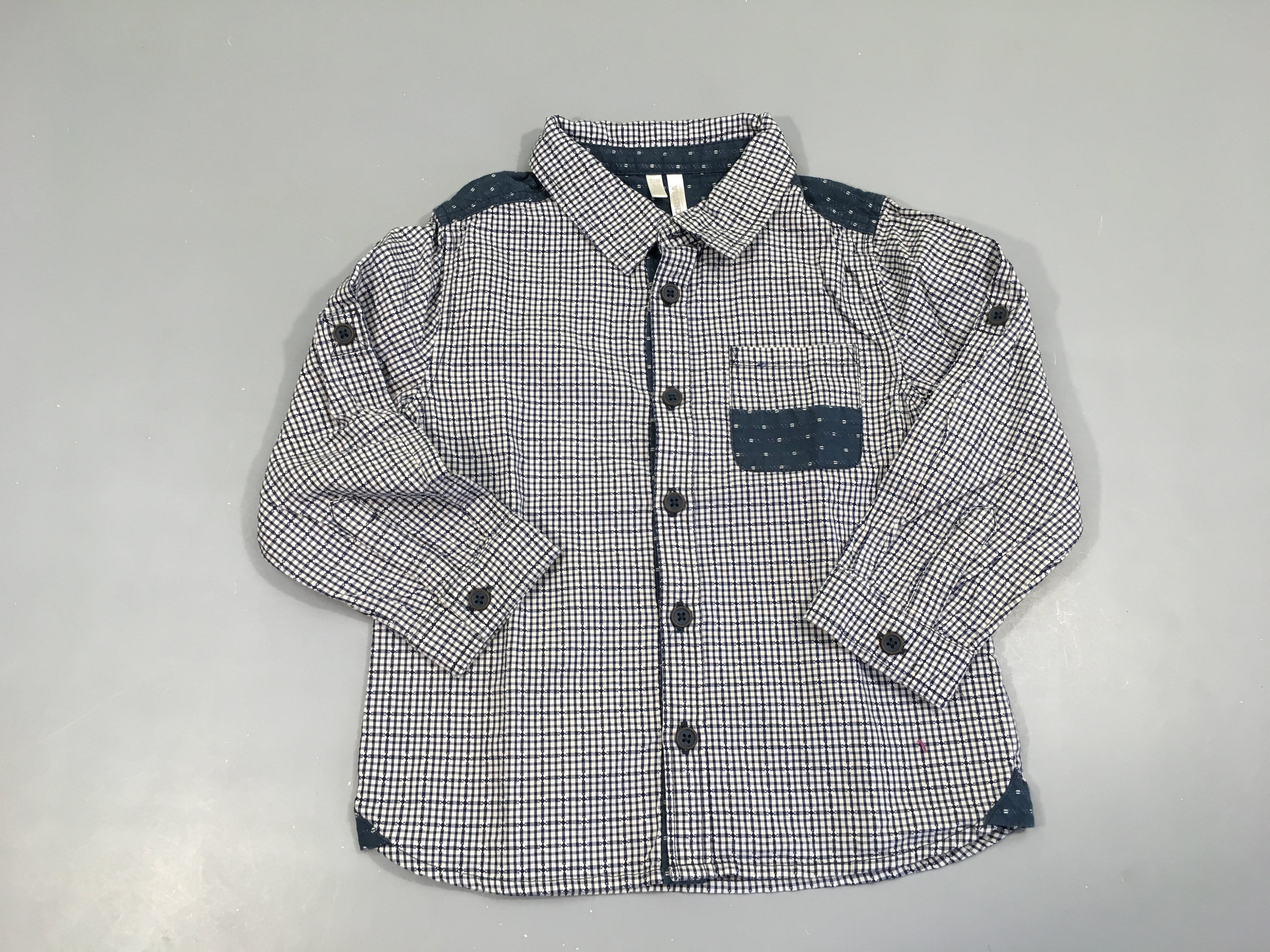 Chemise m.l  blanche à carreaux bleu marine